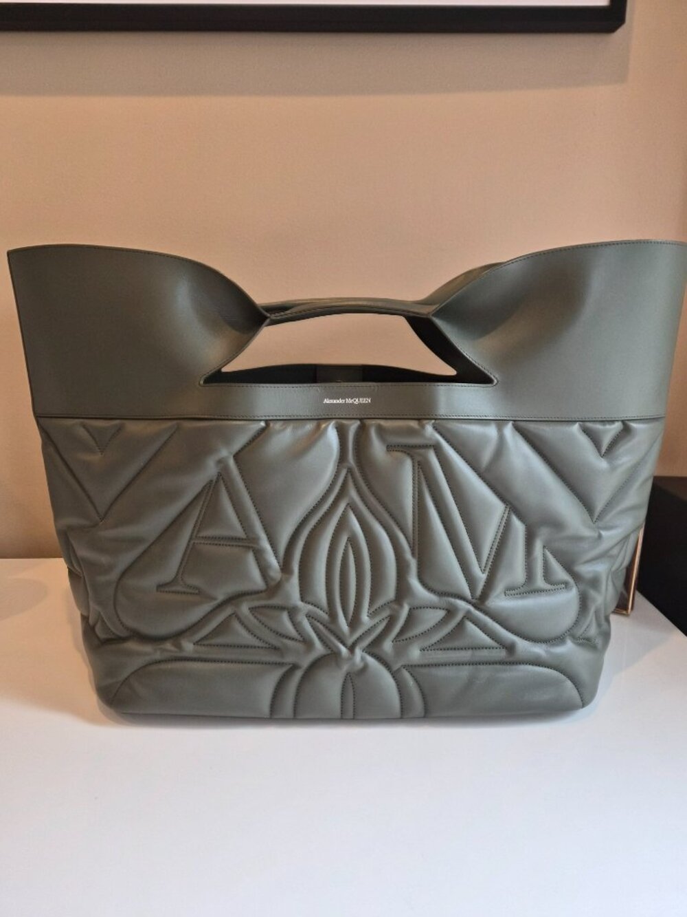 Alexander McQueen Large Bow Logo Quilted Padded Leather Tote Military Green